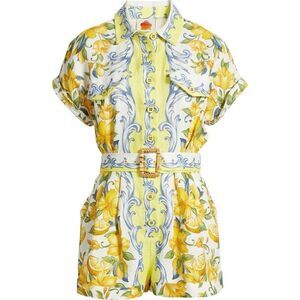 Farm Rio Womens Yellow Floral Button Front Sicily Linen Belted Romper Small NWOT